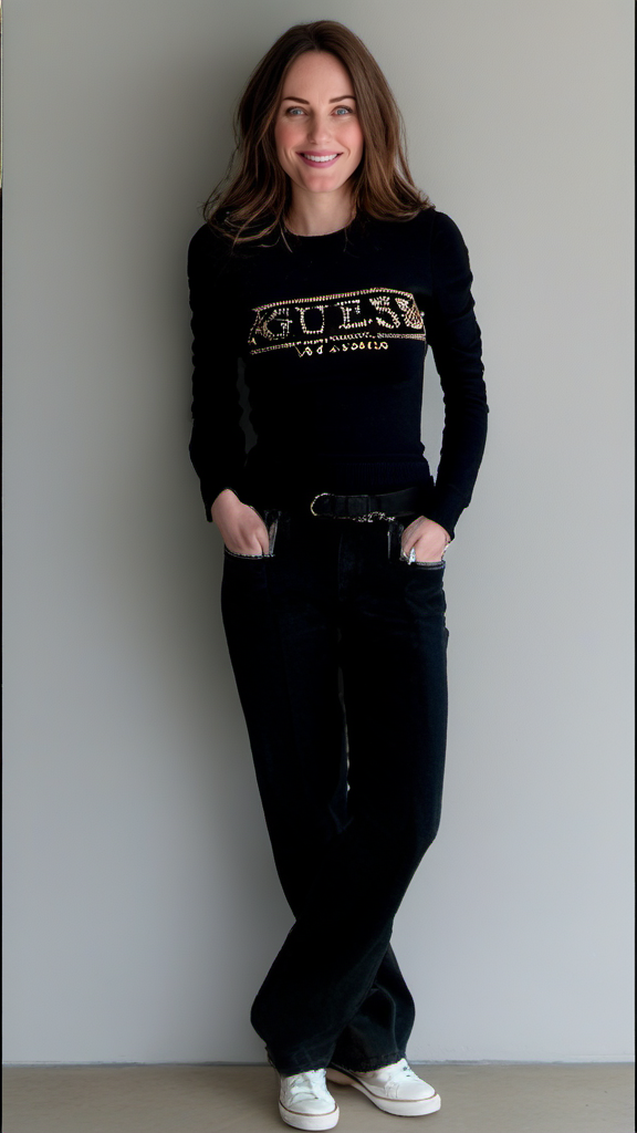 Guess Women Long Sleeve Black Pullover With Front Gold Logo - Small