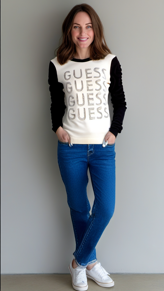 Guess Women Long Sleeve White/Black Winter Top - Small