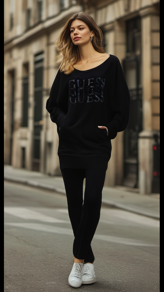 Guess Women Long Sleeve Wide Neck Black Pullover