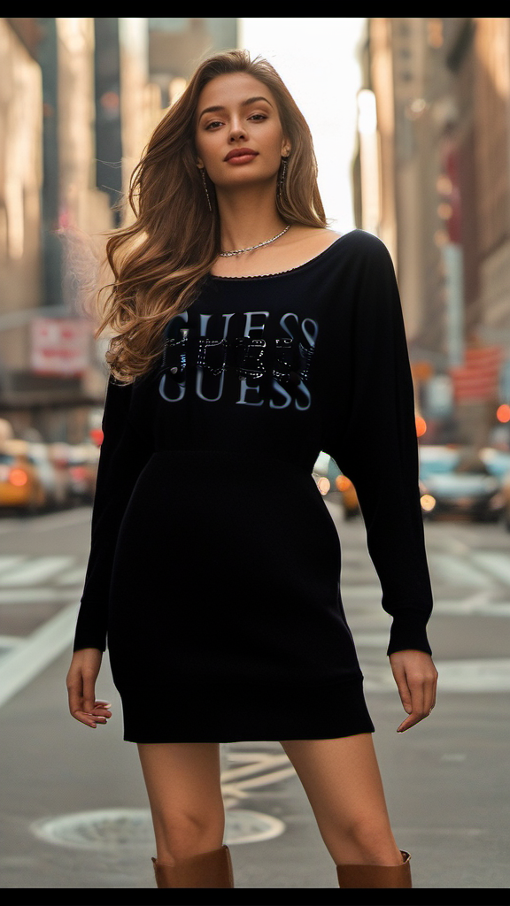 Guess Women Long Sleeve Wide Neck Black Pullover