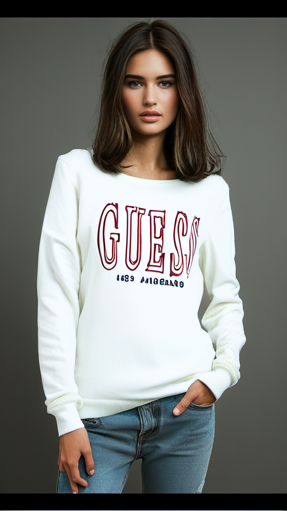 Guess Women Long Sleeve White Round Neck with Printed Guess logo - Large