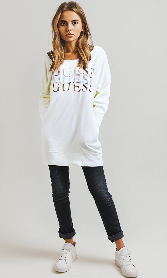 Guess Women Long Sleeve White Pullover With Round Neck