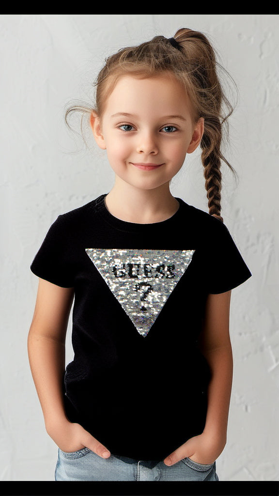 Guess Kids Black Cotton Glitter Front Logo T-shirt