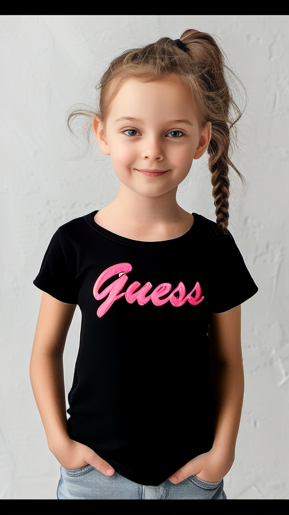 Guess Kids Black Cotton T-shirt With Pink Glitter Logo