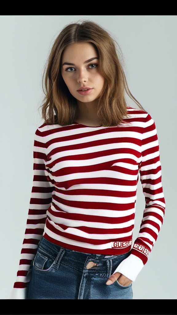 Guess Women Long Sleeve Red/White Pullover - Small