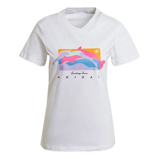 Adidas originals Dolphin Printed Sports Crew Neck Short Sleeve White T-shirts size 36 - 3alababak