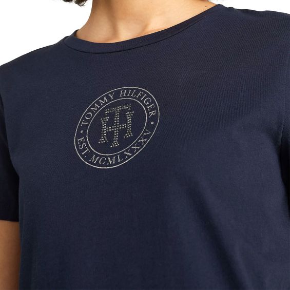 Tommy Hilfiger Women's Crystal TH Monogram Reqular Fit Tee, Dark Blue, X-Large - 3alababak