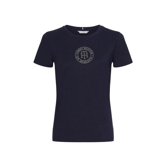 Tommy Hilfiger Women's Crystal TH Monogram Reqular Fit Tee, Dark Blue, X-Large - 3alababak