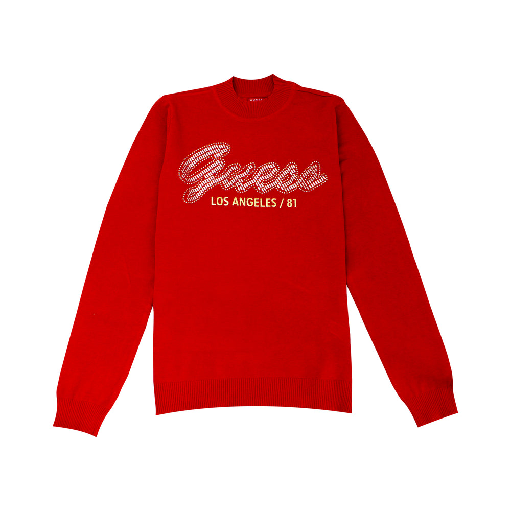 Guess Women Long Sleeve Front Logo Red Sweater Top - 3alababak