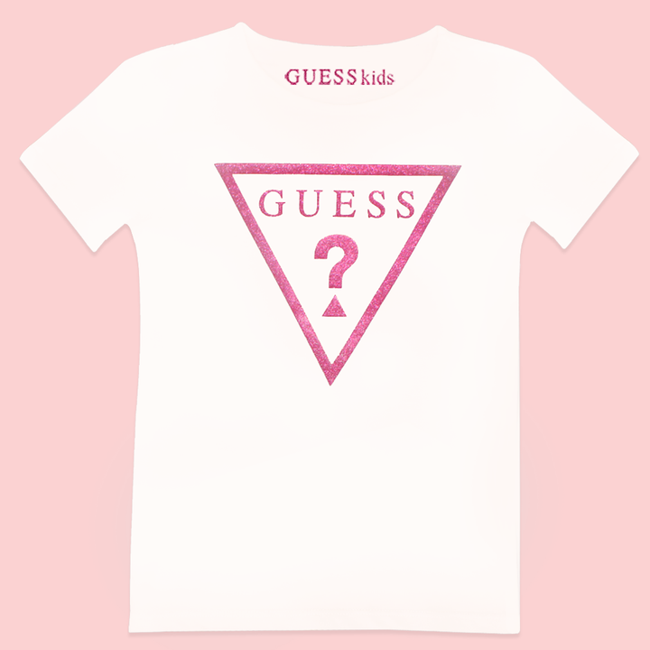 Guess Kids White Cotton T-shirt With Pink Logo - 3alababak