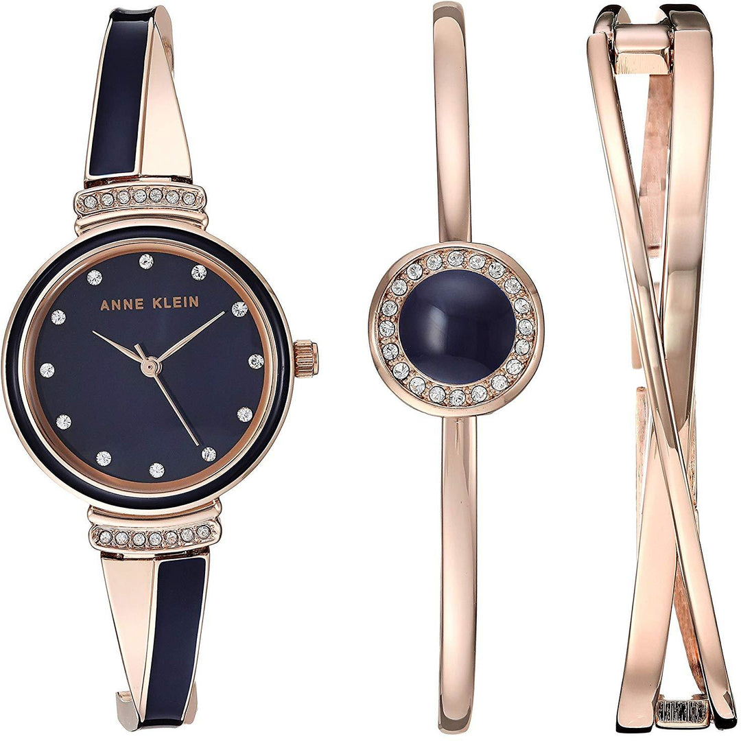 Anne Klein Women's AK/3292NVST Swarovski Crystal Accented Watch and Bangle Set Gold/Navy Blue - 3alababak