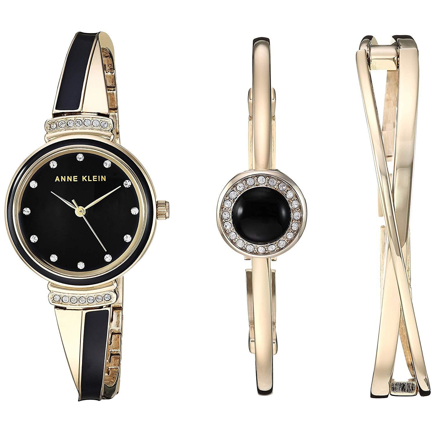 Anne Klein Women's AK/3292BKST Swarovski Crystal Accented Gold-Tone and Black Watch and Bangle Set - 3alababak