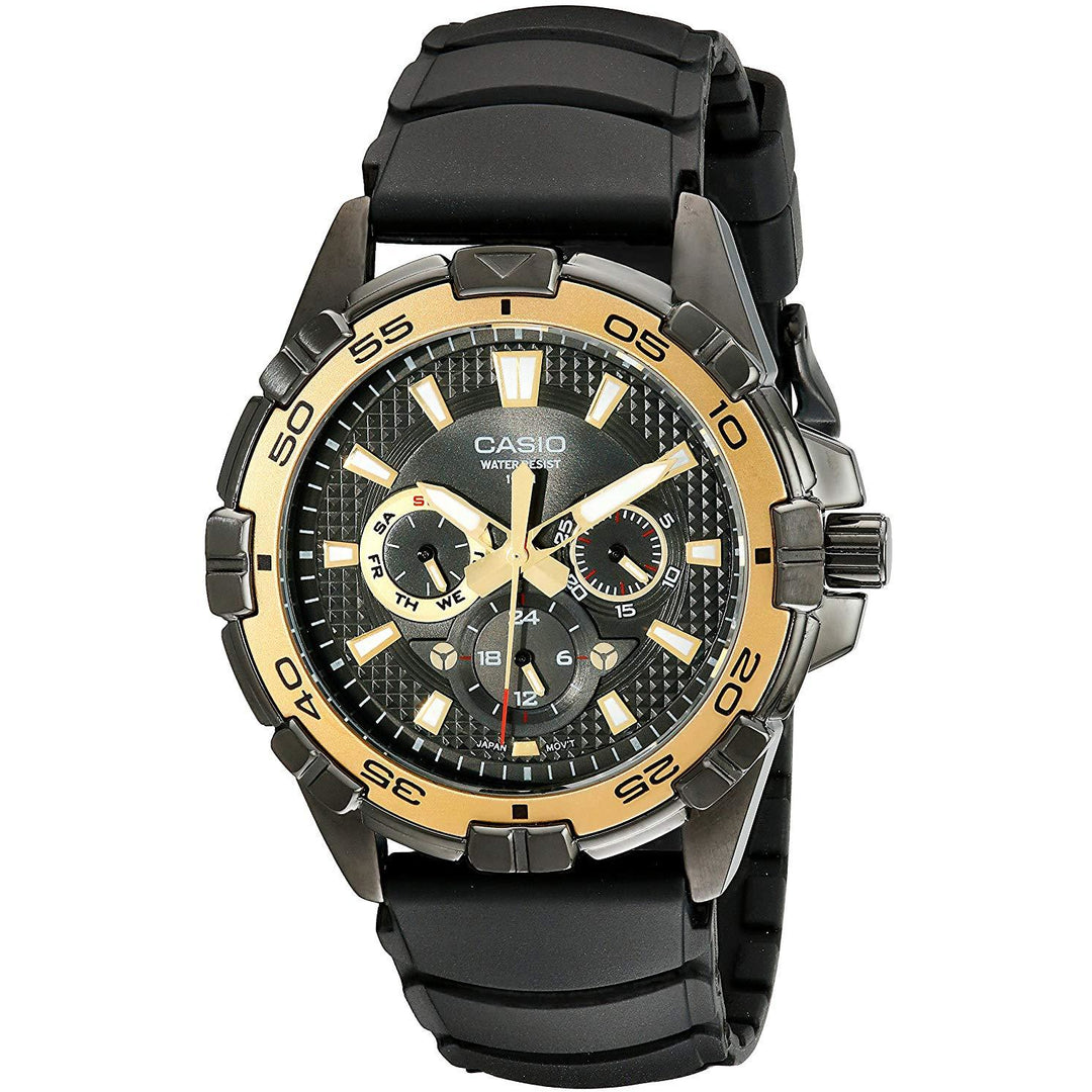 Casio Men's MTD1069B-1A1 Round Analog Black and Gold Dial and Black Resin Strap Watch