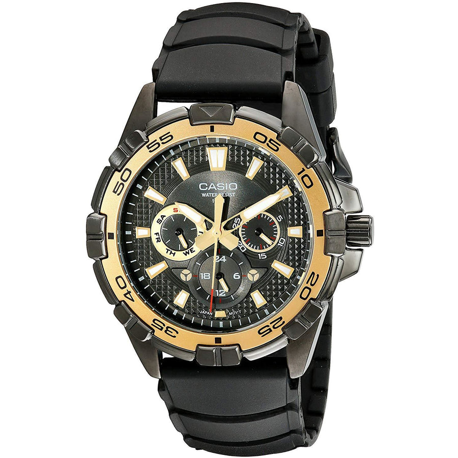 Casio Men's MTD1069B-1A1 Round Analog Black and Gold Dial and Black Resin Strap Watch - 3alababak