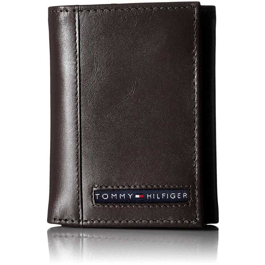 Tommy Hilfiger Men's Leather Cambridge Trifold Wallet Brown - 3alababak