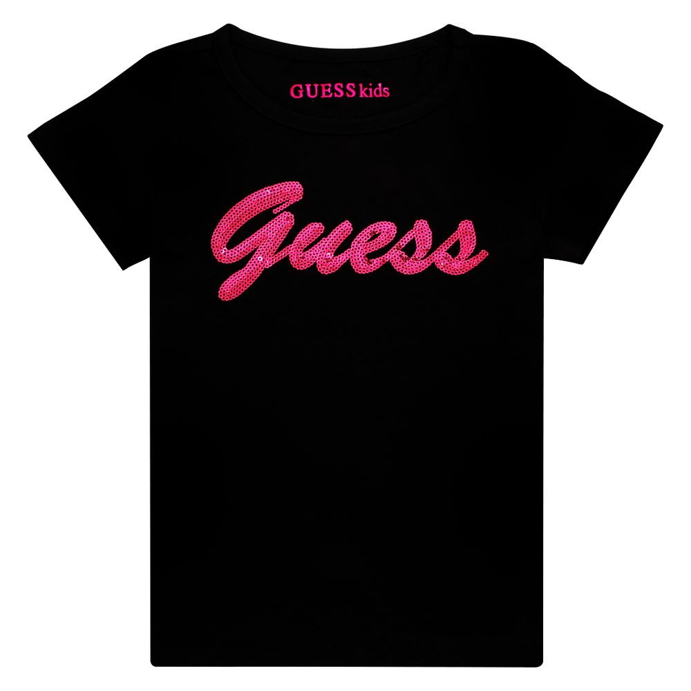 Guess Kids Black Cotton T-shirt With Pink Glitter Logo - 3alababak