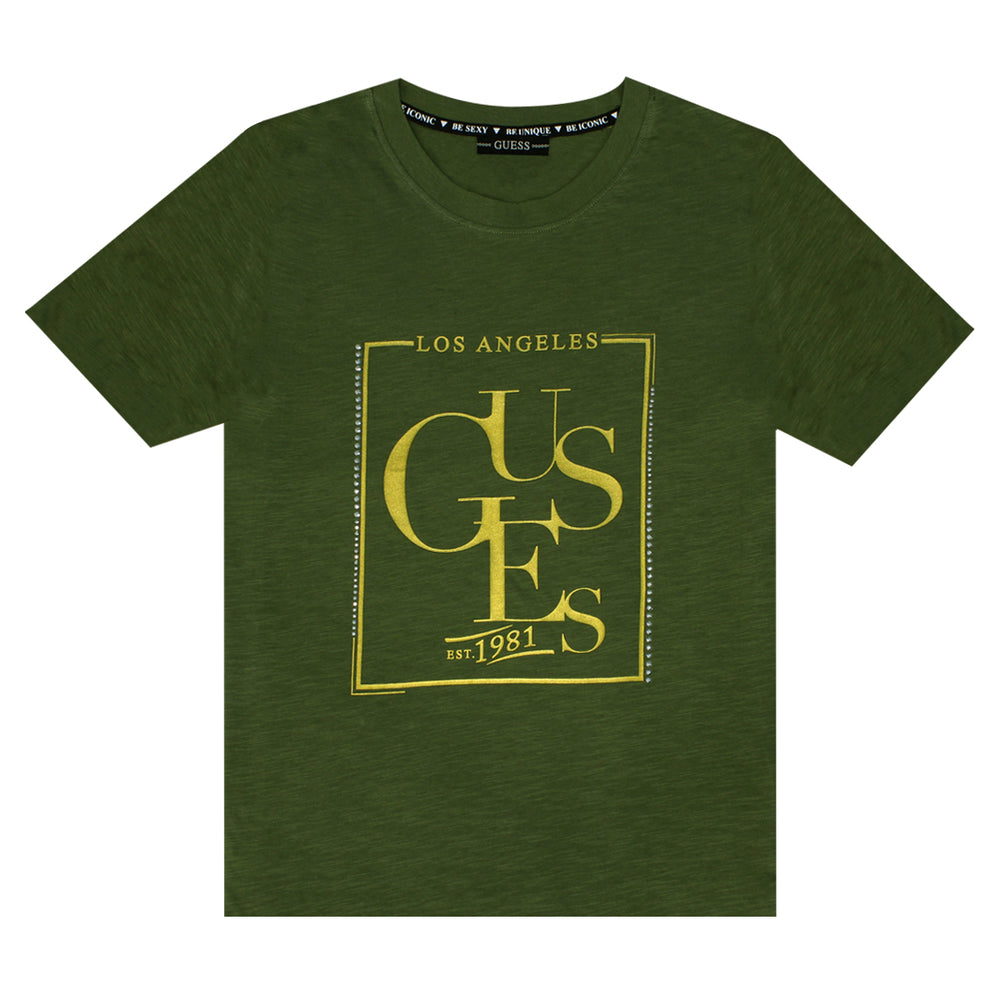 Guess Women Front Print Logo Olive T-shirt - 3alababak