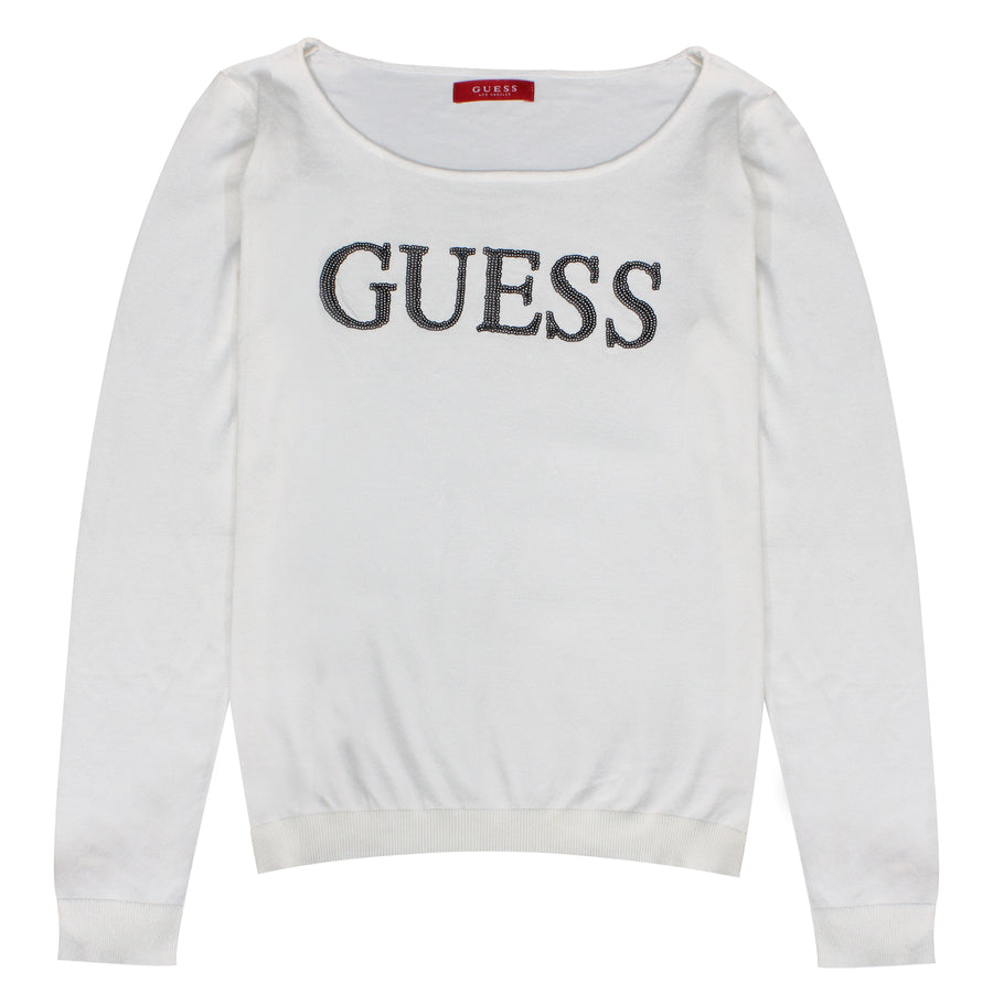 Guess Women Long Sleeve Off White Front Logo Sweater Top - 3alababak