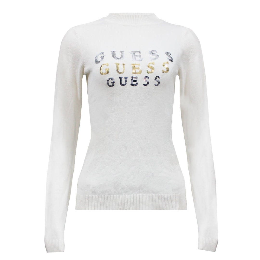 Guess Women Long Sleeve White Front Logo Sweater Top - 3alababak