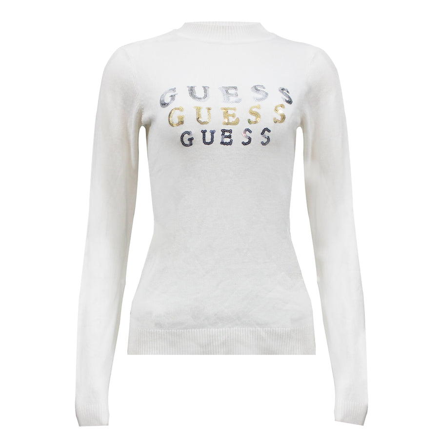 Guess Women Long Sleeve White Front Logo Sweater Top - 3alababak