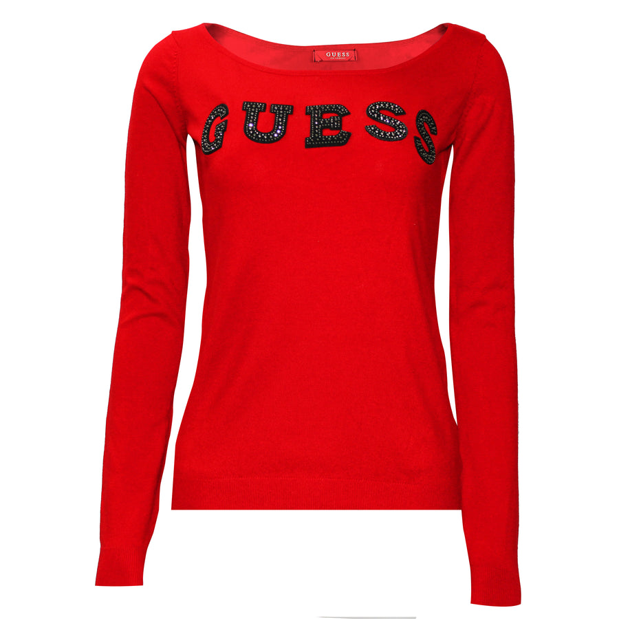 Guess Women Long Sleeve Red Front Logo Sweater Top - 3alababak