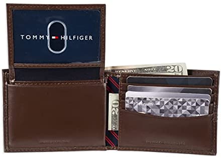 Tommy Hilfiger 31TL22X062 Men's Thin Sleek Casual Bifold Wallet , Cognac Brown - 3alababak
