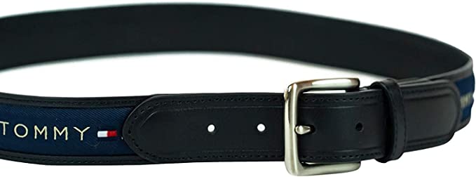 Tommy Hilfiger Men's Ribbon Inlay Fabric Belt 11TL02X032 with Single Prong Buckle For Men - 3alababak