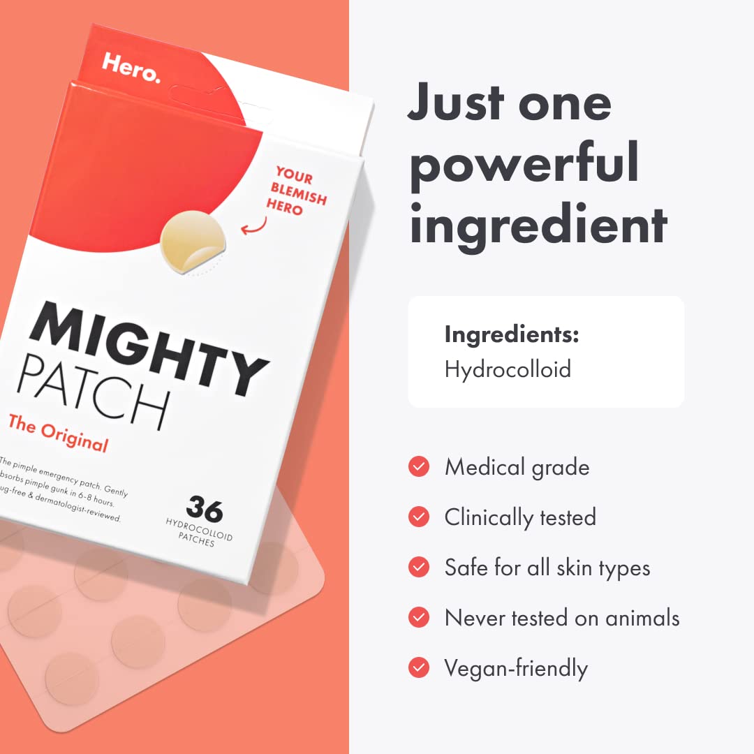 Mighty Patch Original from Hero Cosmetics - Hydrocolloid Acne Pimple Patch for Covering Zits and Blemishes, Spot Stickers for Face & Skin, Vegan-friendly & Not Tested on Animals (36 Count) - 3alababak
