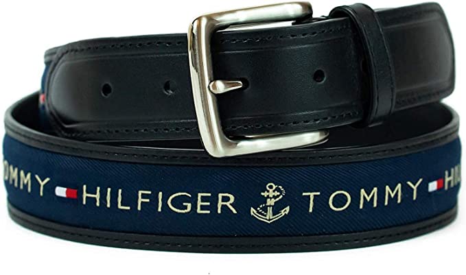 Tommy Hilfiger Men's Ribbon Inlay Fabric Belt 11TL02X032 with Single Prong Buckle For Men - 3alababak