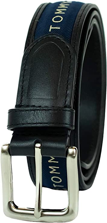 Tommy Hilfiger Men's Ribbon Inlay Fabric Belt 11TL02X032 with Single Prong Buckle For Men - 3alababak