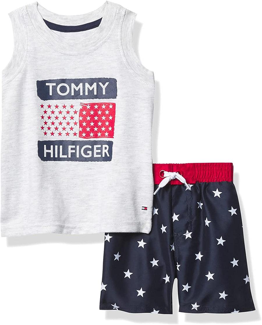 Tommy Hilfiger boys 2 Pieces Tank Top Shorts Set - White Heather/Navy Blazer Size: 5/6 Months - 3alababak