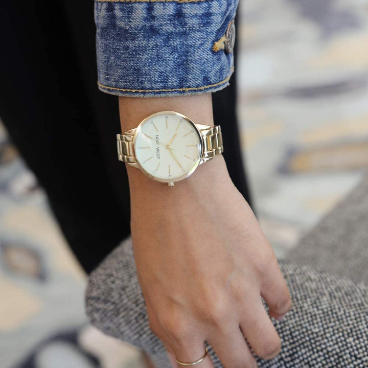 Nine West Women's NW/2098CHGB Crystal Accented Bracelet Watch - 3alababak