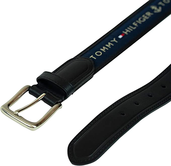 Tommy Hilfiger Men's Ribbon Inlay Fabric Belt 11TL02X032 with Single Prong Buckle For Men - 3alababak