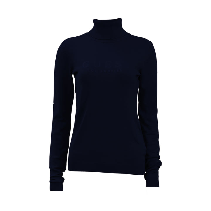 Guess Women Long Sleeve Front Logo High Neck Navy Sweater Top - 3alababak