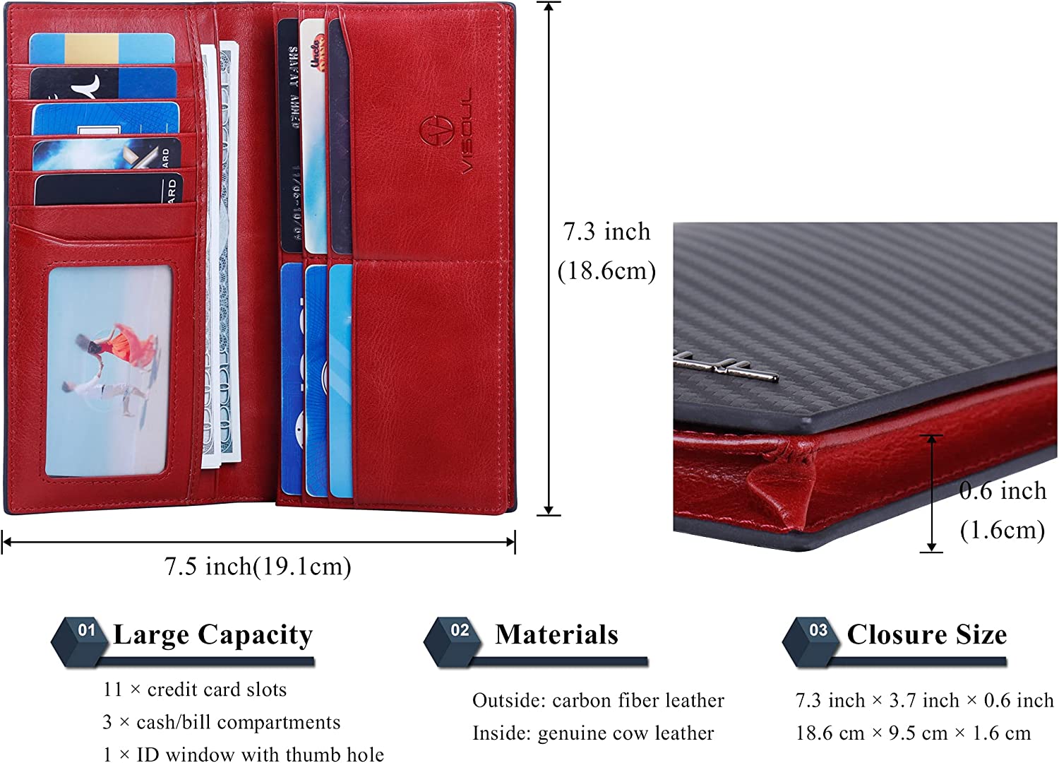 VISOUL Men’s Leather Long Checkbook Bifold Wallets with RFID Blocking, Carbon Fiber Leather Tall Wallets for Men (Black+Burgundy) - 3alababak