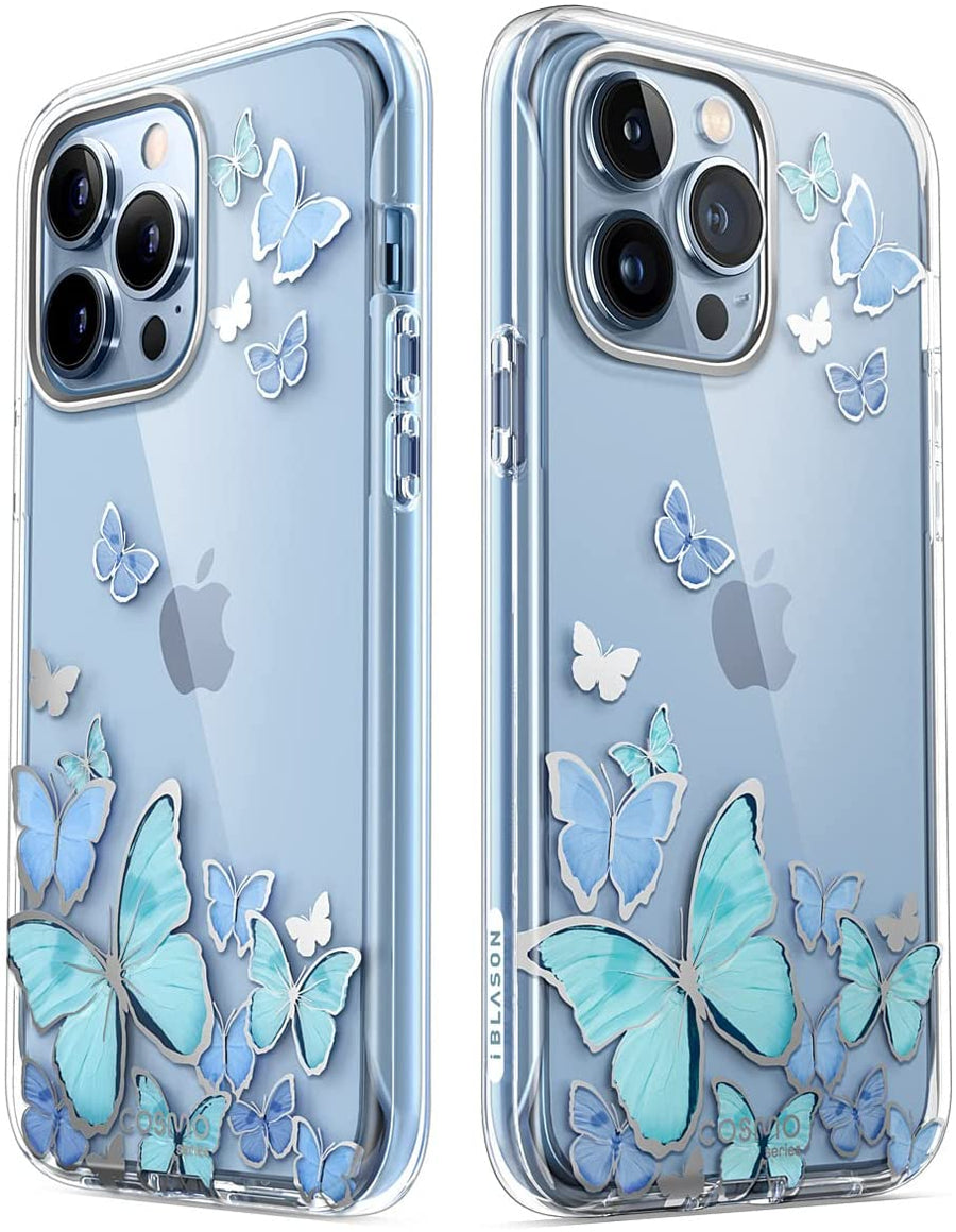 i-Blason Cosmo Series Case for iPhone 13 Pro Max 6.7 inch (2021 Release), Slim Full-Body Stylish Protective Case with Built-in Screen Protector (Blue Butterfly) - 3alababak