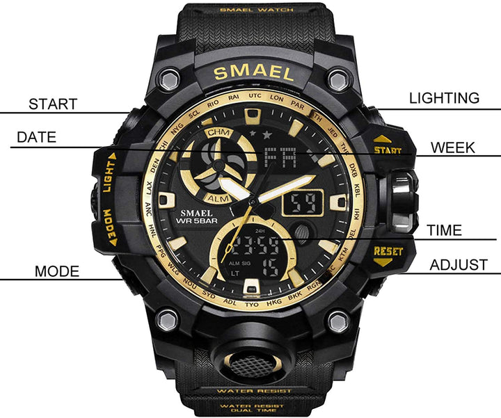 Military Men's Sports Analog Quartz Watch Dual Display Alarm Digital Watches with LED Backlight SM1545