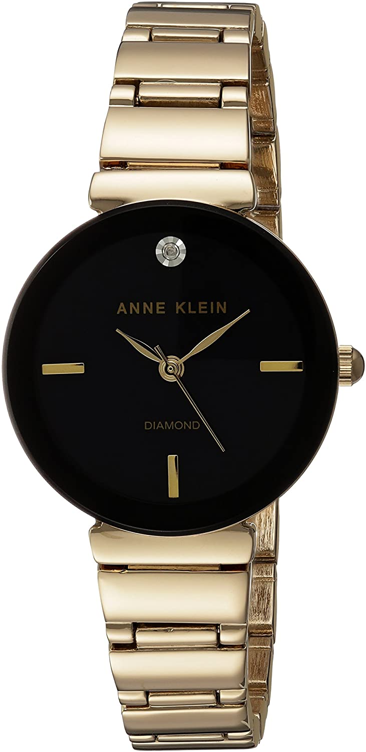 Anne Klein Women's AK/2434BKGB Diamond-Accented Gold-Tone Bracelet Watch - 3alababak