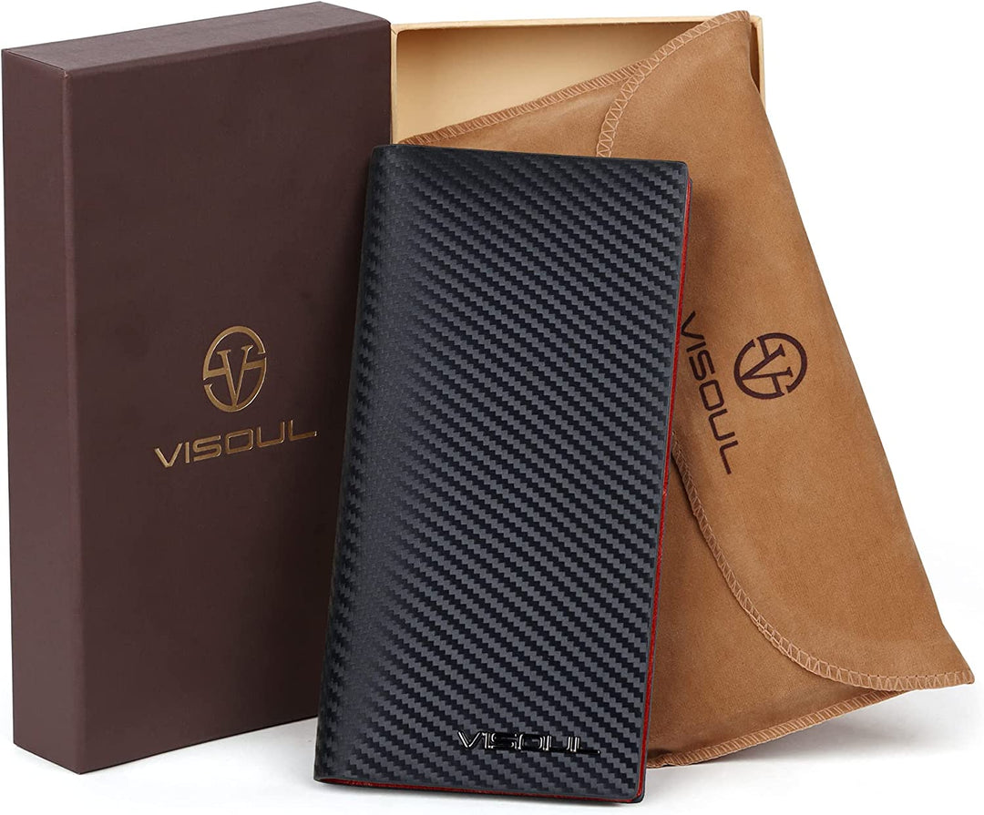 VISOUL Men’s Leather Long Checkbook Bifold Wallets with RFID Blocking, Carbon Fiber Leather Tall Wallets for Men (Black+Burgundy) - 3alababak