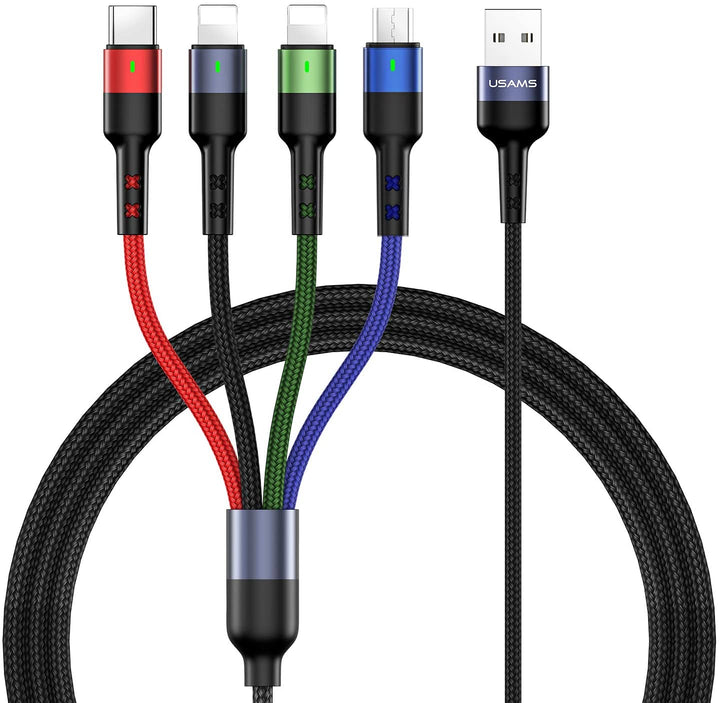 Multi Charging Cable USAMS 4FT 4 in 1 Nylon Braided Multiple USB Fast Charging Cord Adapter Type C Micro USB Port Connectors Compatible Cell Phones Tablets and More - 3alababak