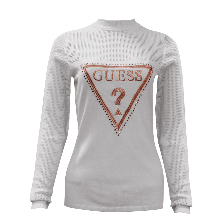 Guess Women Long Sleeve Rose Gold Front Logo White Sweater Top - 3alababak