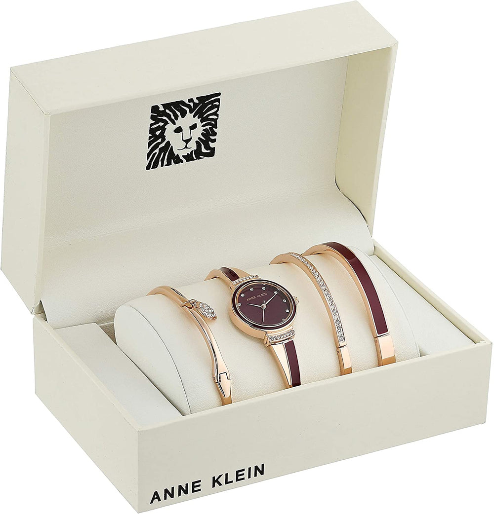 Anne Klein Women's AK/2716RBST Premium Crystal Accented Rose Gold-Tone and Burgundy Watch and Bangle Set - 3alababak