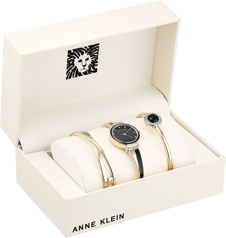 Anne Klein Women's AK/3292BKST Swarovski Crystal Accented Gold-Tone and Black Watch and Bangle Set