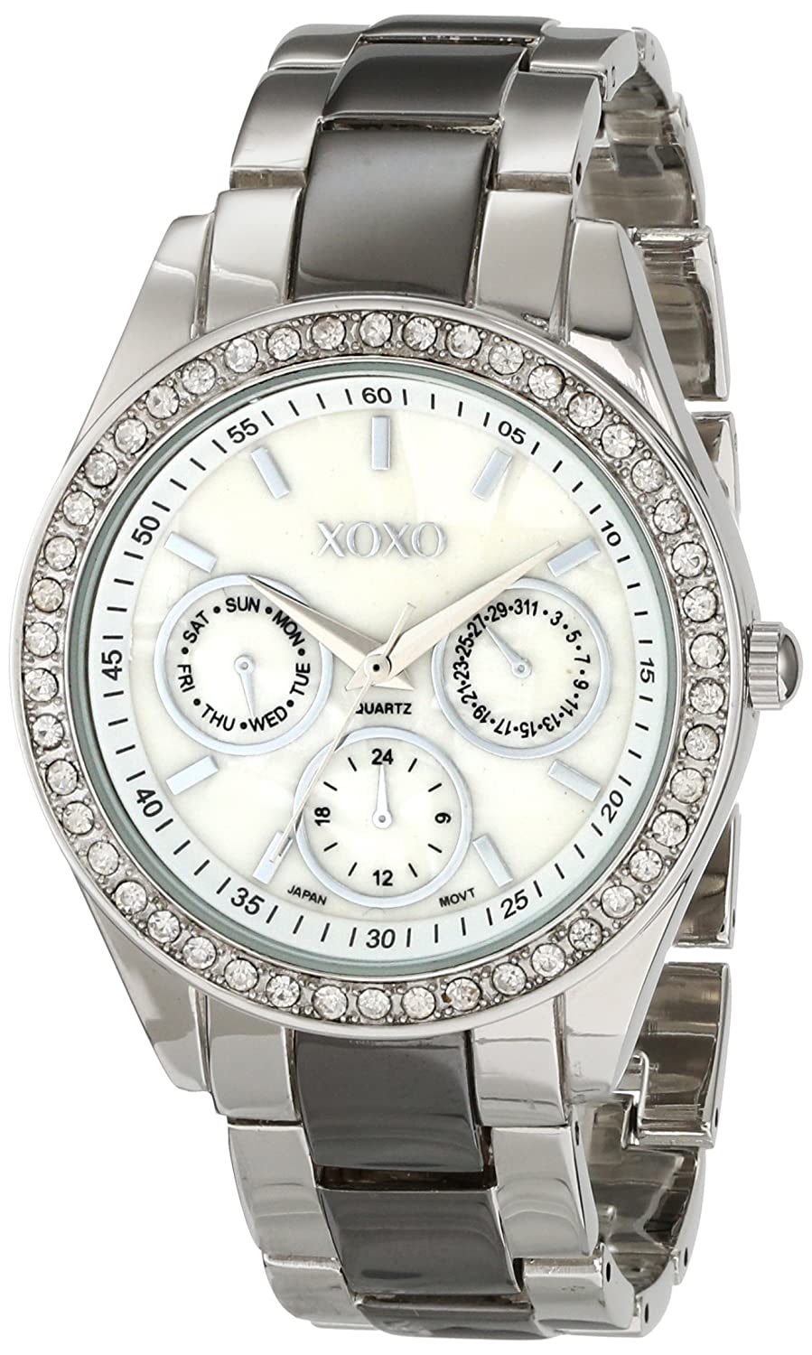 XOXO Women's XO5449 Silver and Gunmetal Clear Rhinestones Bezel Bracelet Watch - 3alababak