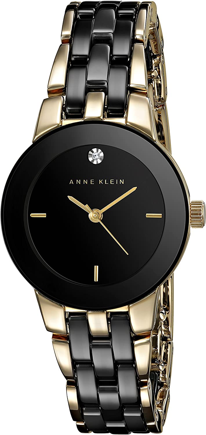 Anne Klein Women's Genuine Diamond Dial Ceramic Bracelet Watch AK/1610BKGB Black/Gold - 3alababak