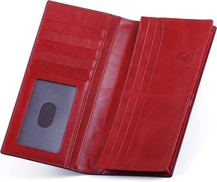 VISOUL Men’s Leather Long Checkbook Bifold Wallets with RFID Blocking, Carbon Fiber Leather Tall Wallets for Men (Black+Burgundy) - 3alababak