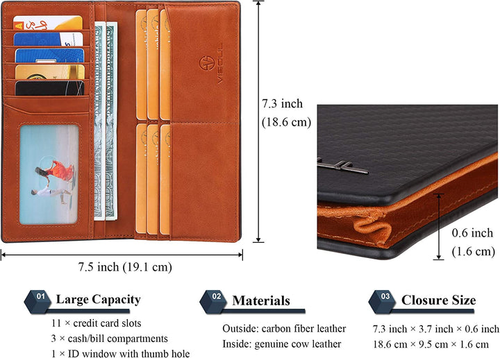 VISOUL Men’s Leather Long Checkbook Bifold Wallets with RFID Blocking, Carbon Fiber Leather Tall Wallet - 3alababak