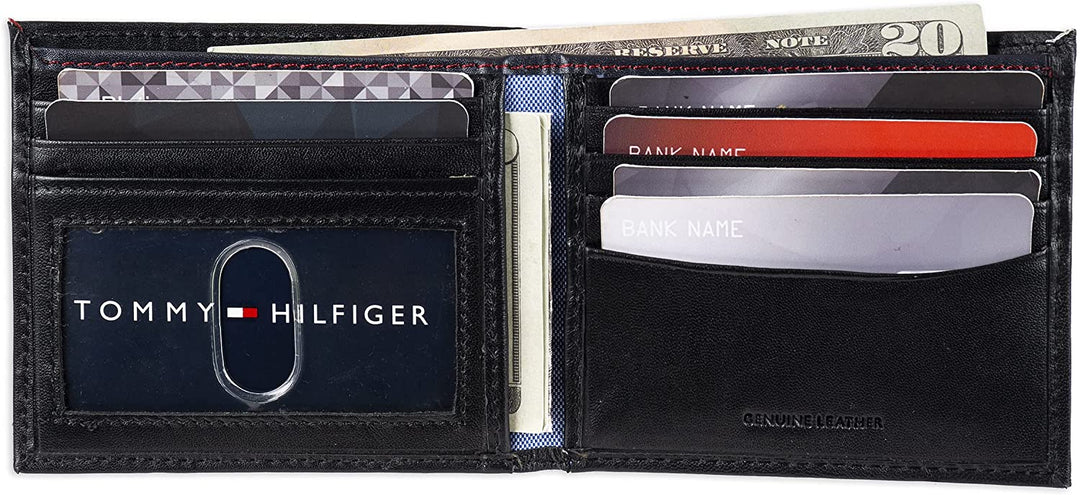 Tommy Hilfiger Men's Leather Wallet – 31TL13X008 Slim Bifold with 6 Credit Card Pockets and Removable ID Window, Dark Black - 3alababak