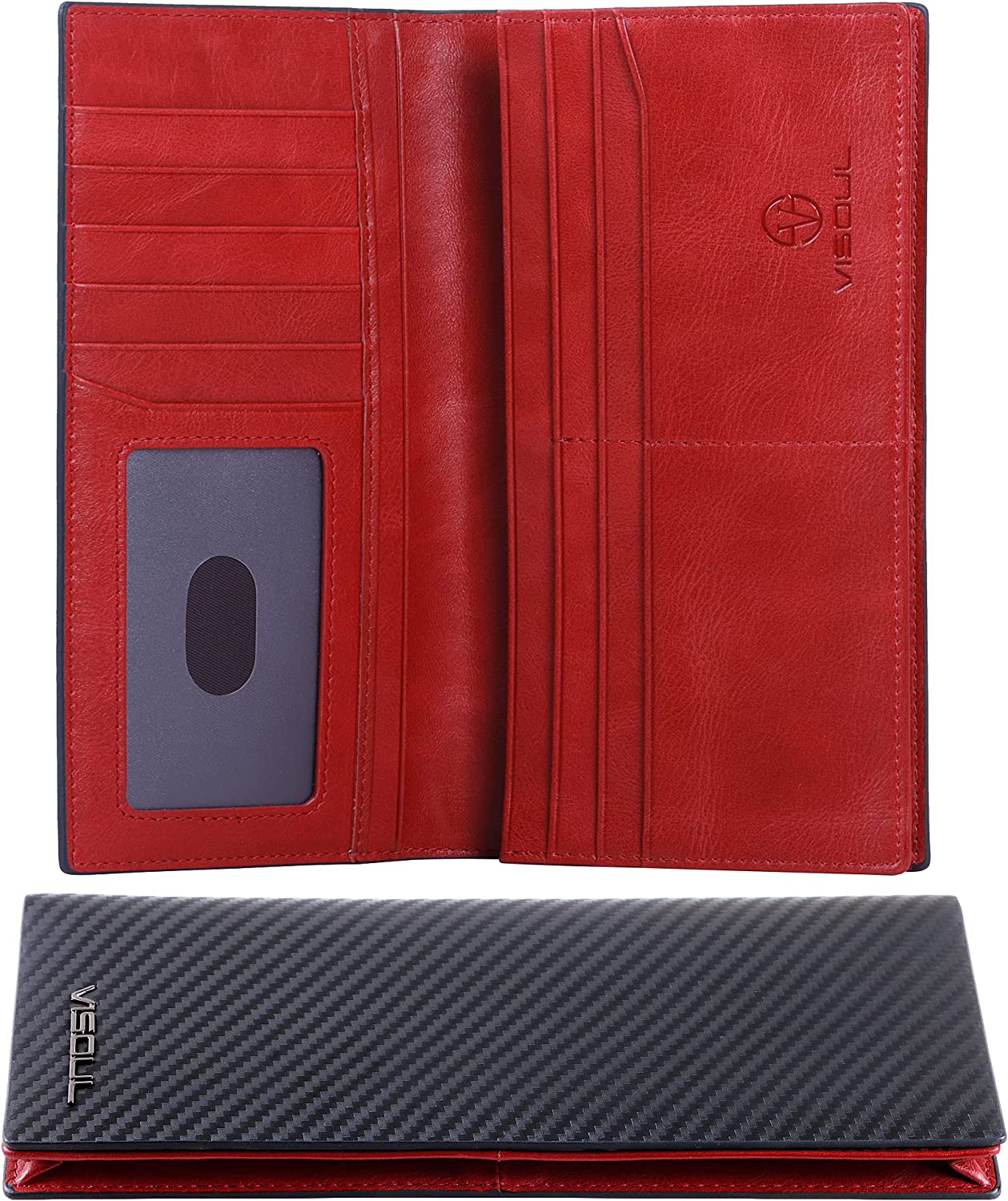 VISOUL Men’s Leather Long Checkbook Bifold Wallets with RFID Blocking, Carbon Fiber Leather Tall Wallets for Men (Black+Burgundy) - 3alababak