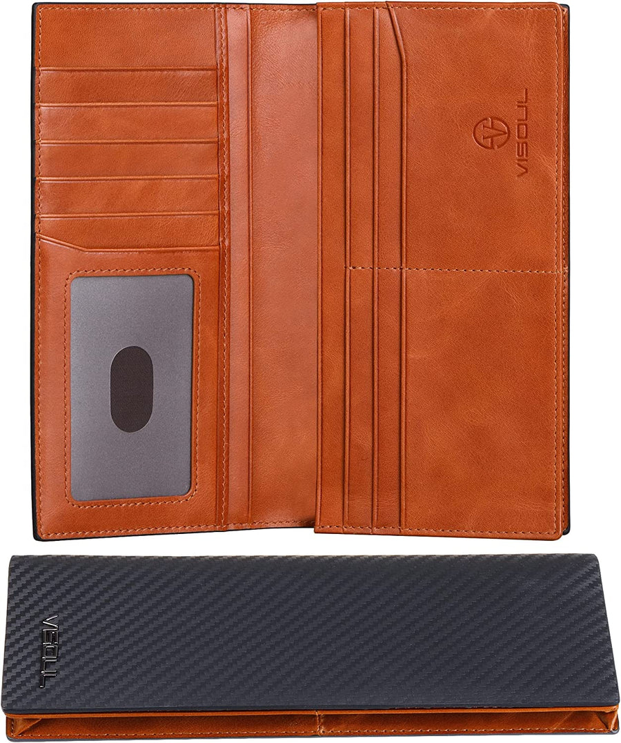 VISOUL Men’s Leather Long Checkbook Bifold Wallets with RFID Blocking, Carbon Fiber Leather Tall Wallet - 3alababak